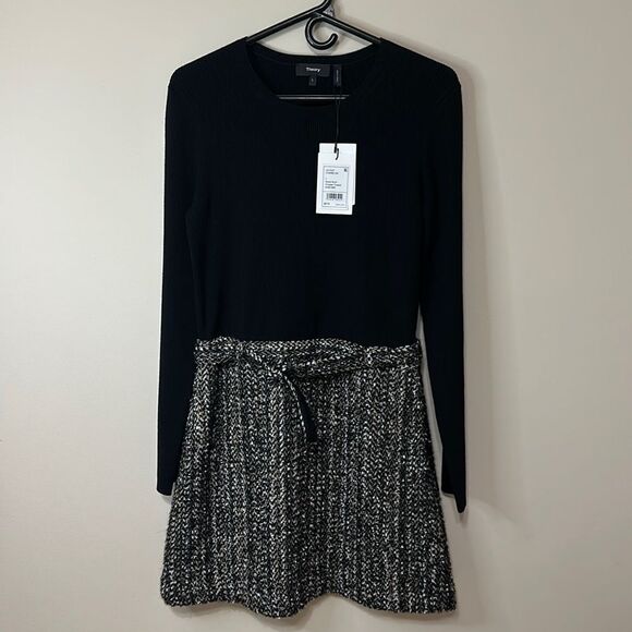 NWT Theory Long sleeve Knit Combo Dress Black Multi Clipped Tweed - Picture 1 of 6